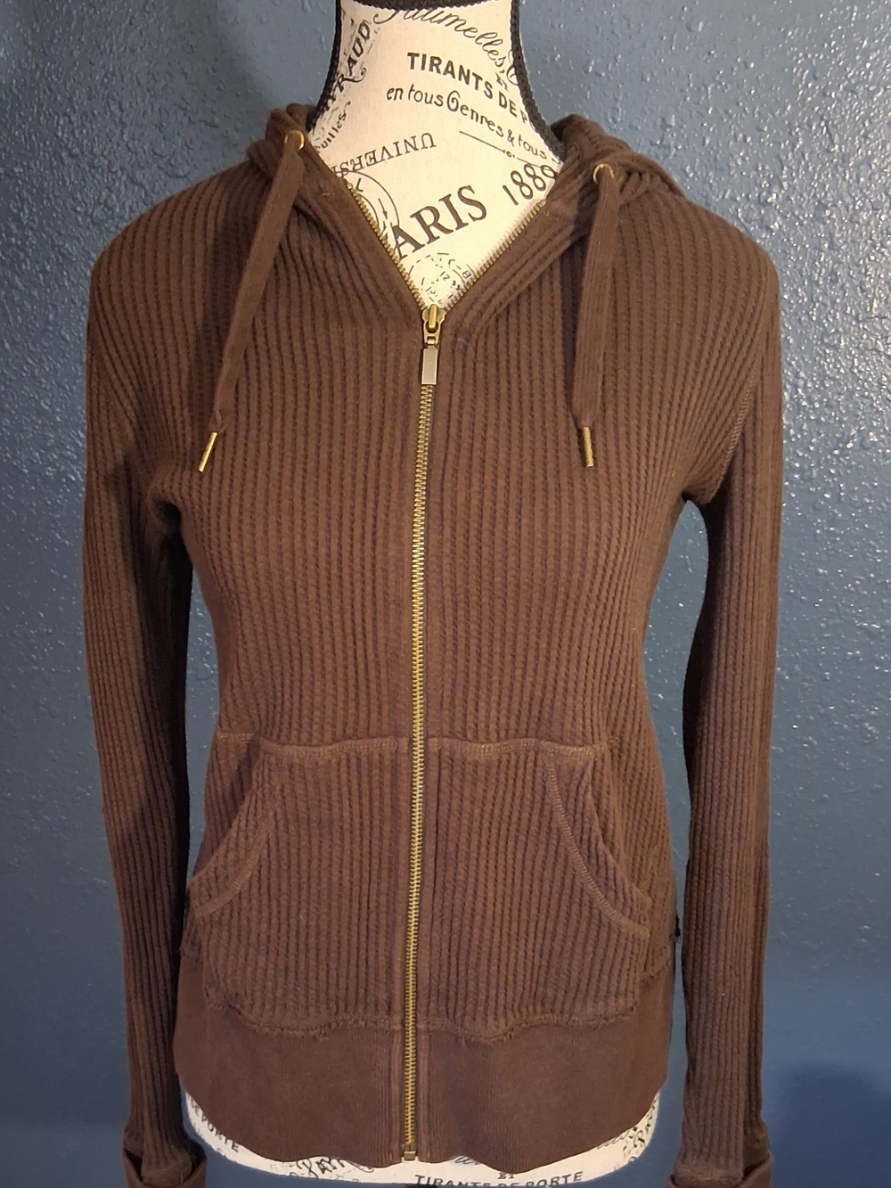 Brown Eddie Bauer Ribbed Zip Hoodie - Drawstring Hood Large